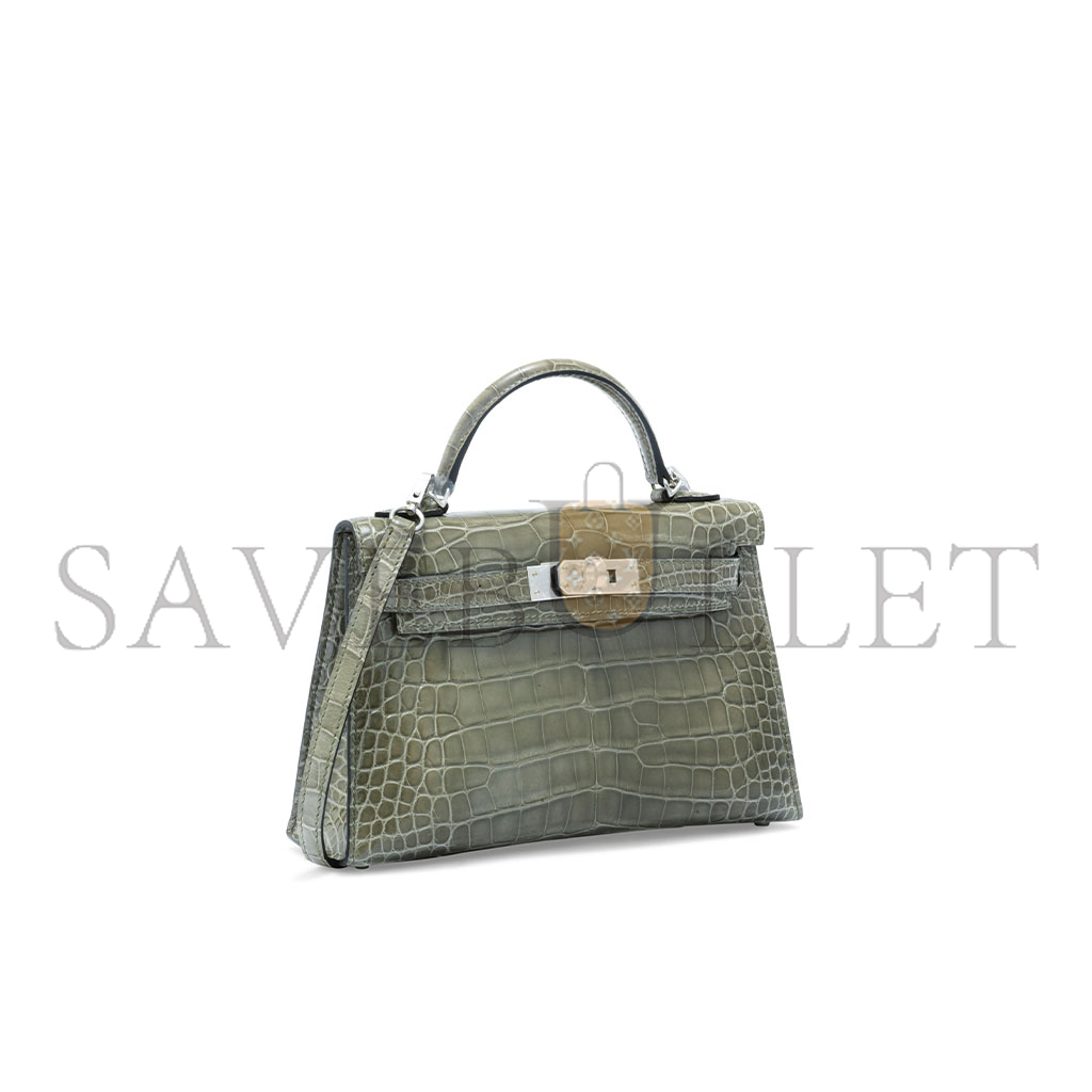 HERMÈS MASTER MINI KELLY II GLOSSY CROCODILE TURTLEDOVE GRAY SILVER BUCKLE (19*12*5.5cm)
